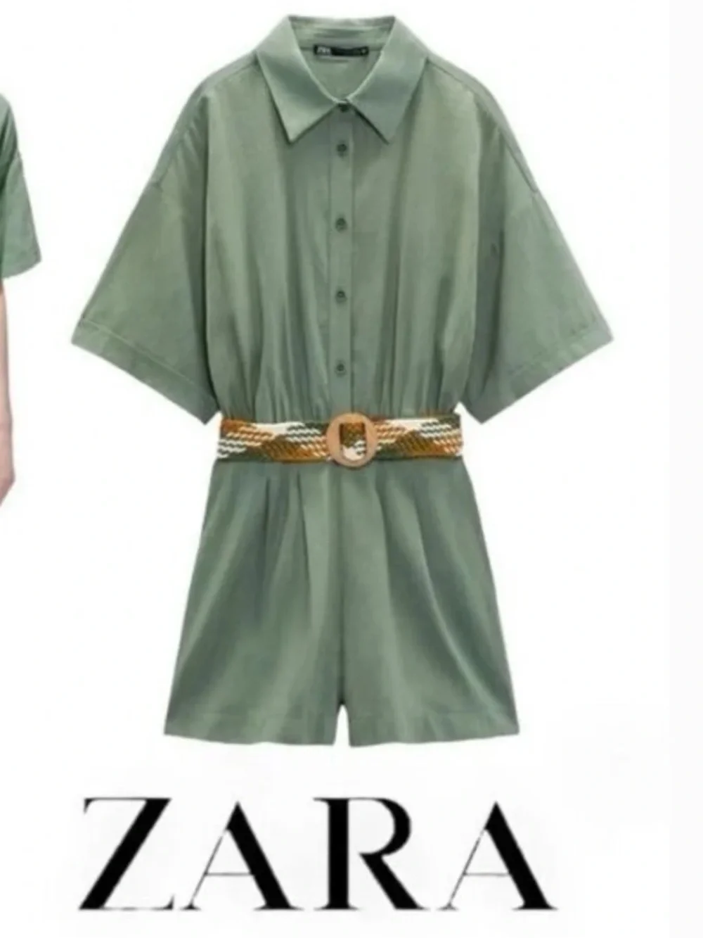 Zara women green linen shirt dress with belt